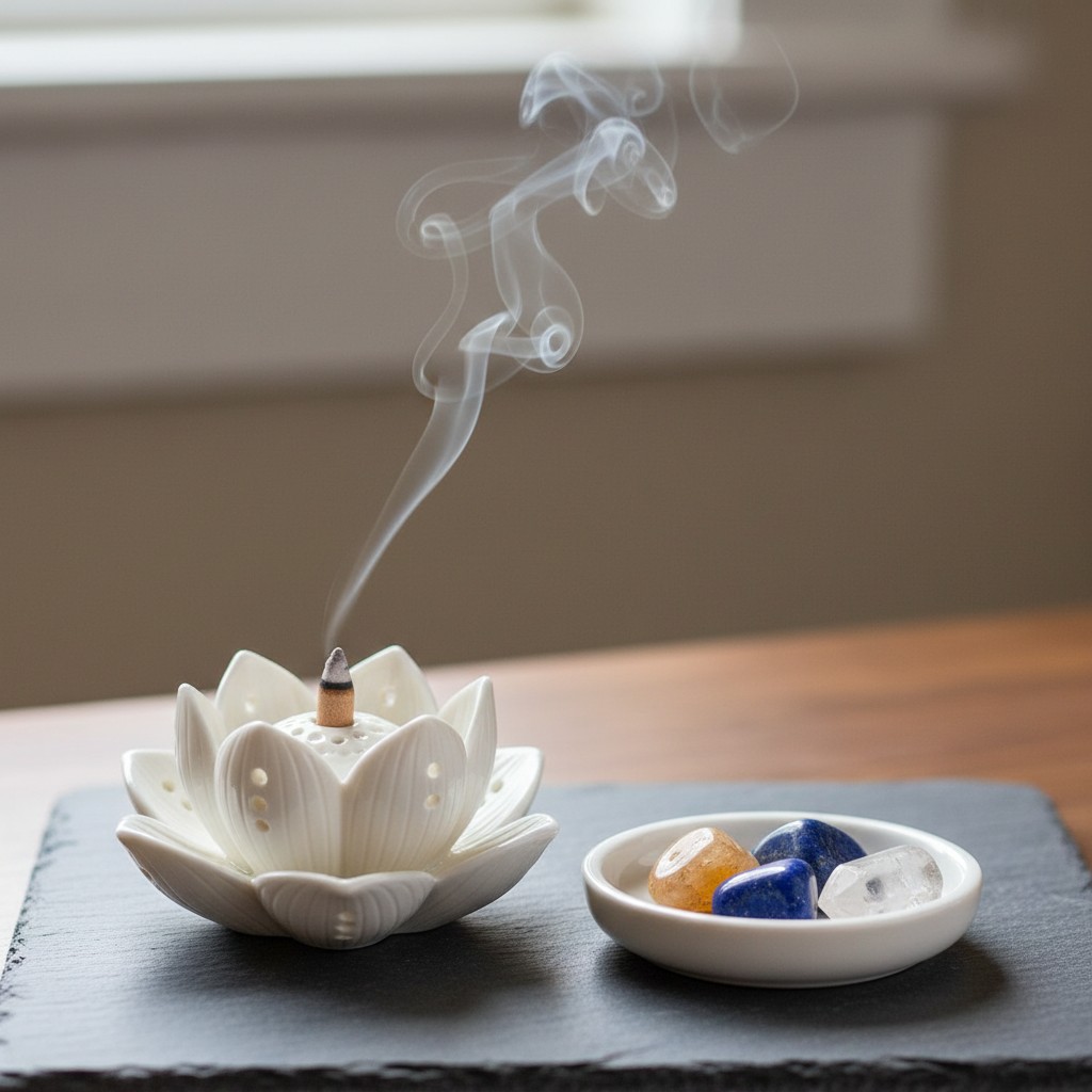 A ceramic lotus flower holder emitting smoke, placed next to a small dish of crystals.