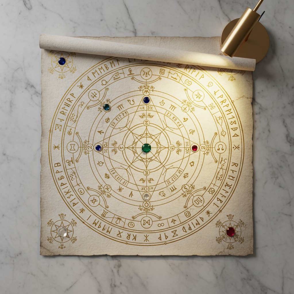 A scroll with an ancient looking golden compass-like symbol featuring concentric circles, surrounded by stones and runes.