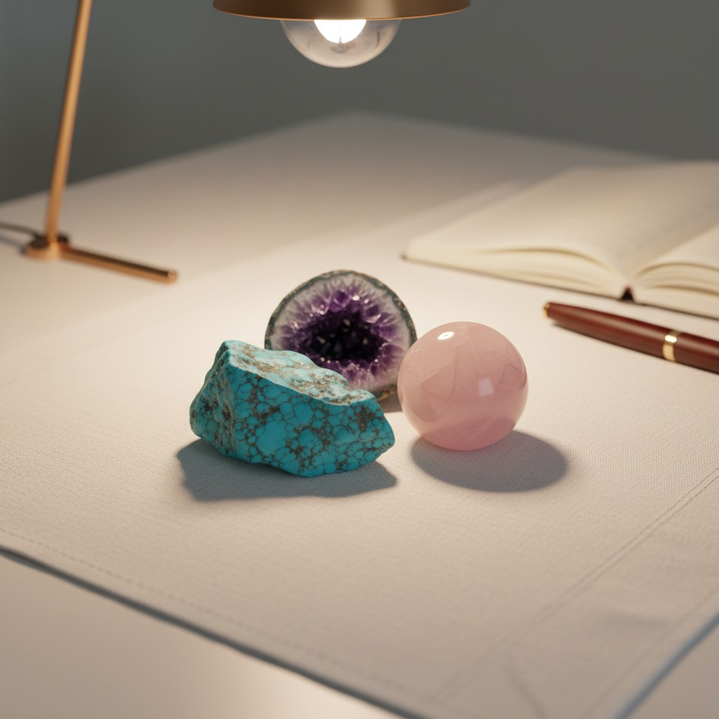 Must see crystal collection featuring refined amethyst geode, rad turquoise wavellite stone and pink quartz crystal ball. ...